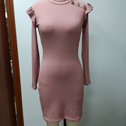 Women's Dresses Half High Neck Button Embellished Bodycon Jacket Dresses Wood Ear Trim Long Sleeve Midi Pencil Dresses