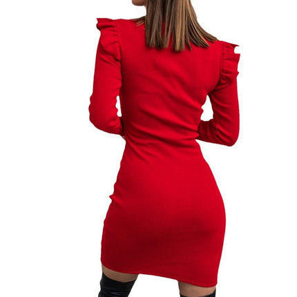 Women's Dresses Half High Neck Button Embellished Bodycon Jacket Dresses Wood Ear Trim Long Sleeve Midi Pencil Dresses