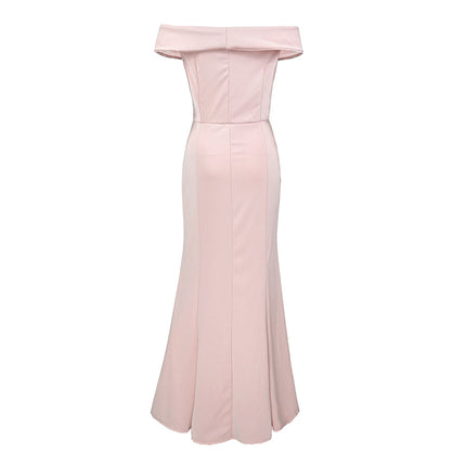 Women's Solid Color Dresses High Waist Split Hem Sexy V Neck Long Tail Banquet Evening Strapless Dresses