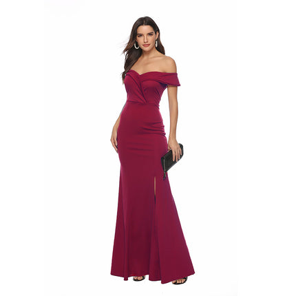 Women's Solid Color Dresses High Waist Split Hem Sexy V Neck Long Tail Banquet Evening Strapless Dresses