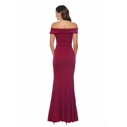 Women's Solid Color Dresses High Waist Split Hem Sexy V Neck Long Tail Banquet Evening Strapless Dresses