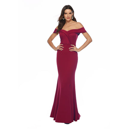 Women's Solid Color Dresses High Waist Split Hem Sexy V Neck Long Tail Banquet Evening Strapless Dresses