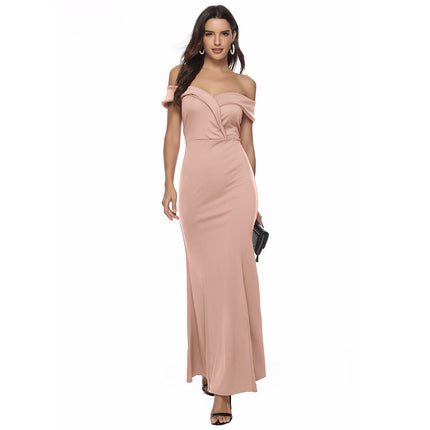 Women's Solid Color Dresses High Waist Split Hem Sexy V Neck Long Tail Banquet Evening Strapless Dresses