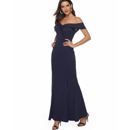 Women's Solid Color Dresses High Waist Split Hem Sexy V Neck Long Tail Banquet Evening Strapless Dresses