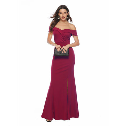 Women's Solid Color Dresses High Waist Split Hem Sexy V Neck Long Tail Banquet Evening Strapless Dresses