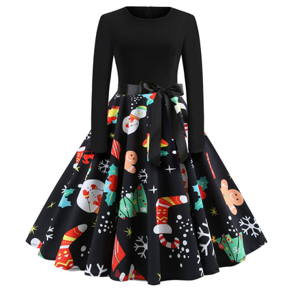 Women's Christmas Printed Dresses Round Neck Casual Flare Midi Dresses Christmas Party Holiday Swing Dresses Vintage Dresses