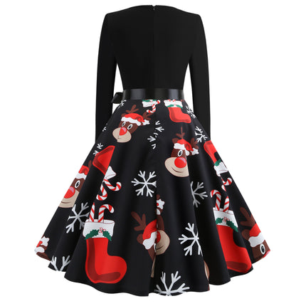 Women's Christmas Printed Dresses Round Neck Casual Flare Midi Dresses Christmas Party Holiday Swing Dresses Vintage Dresses