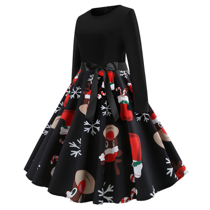 Women's Christmas Printed Dresses Round Neck Casual Flare Midi Dresses Christmas Party Holiday Swing Dresses Vintage Dresses