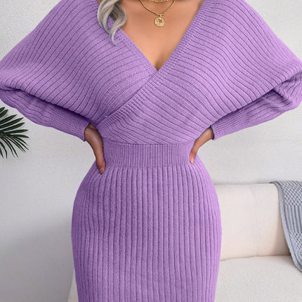 Women's V-neck sweater dress Bat wings Long-sleeved solid color knit dress Women's fall sexy sweater dresses