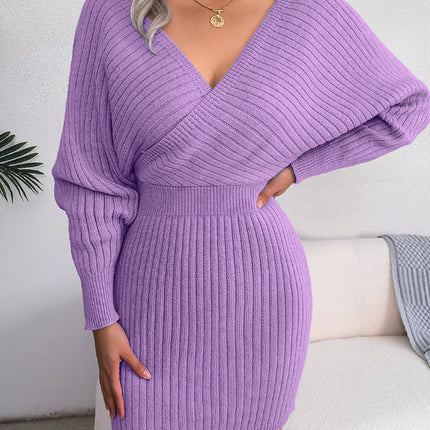 Women's V-neck sweater dress Bat wings Long-sleeved solid color knit dress Women's fall sexy sweater dresses