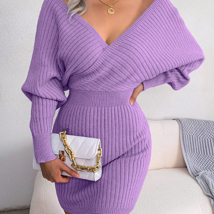 Women's V-neck sweater dress Bat wings Long-sleeved solid color knit dress Women's fall sexy sweater dresses