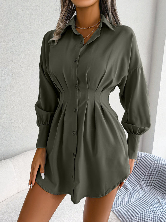 Women's Shirt Lantern Sleeve Mini Dress Fall Waisted Lady Dresses Asymmetric Dress Shirt