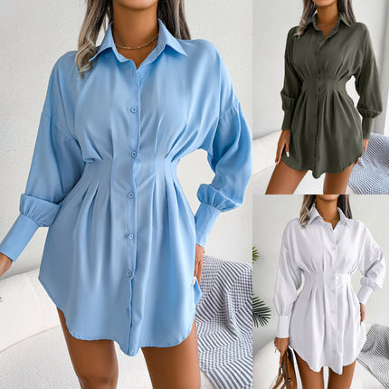 Women's Shirt Lantern Sleeve Mini Dress Fall Waisted Lady Dresses Asymmetric Dress Shirt