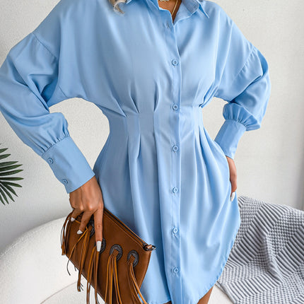 Women's Shirt Lantern Sleeve Mini Dress Fall Waisted Lady Dresses Asymmetric Dress Shirt