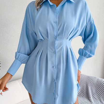 Women's Shirt Lantern Sleeve Mini Dress Fall Waisted Lady Dresses Asymmetric Dress Shirt