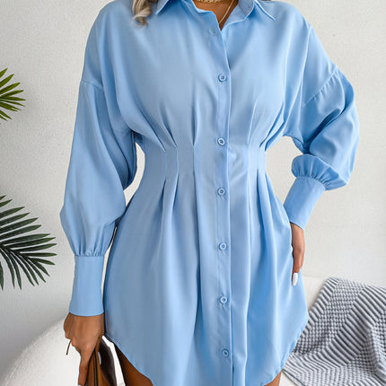 Women's Shirt Lantern Sleeve Mini Dress Fall Waisted Lady Dresses Asymmetric Dress Shirt