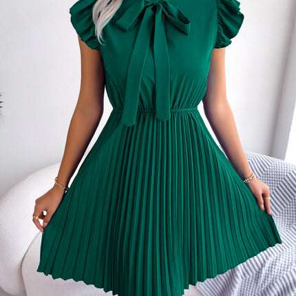 Women's Summer Casual Chiffon Dress Wrap Bow V-neck Short Sleeve Tie Waist Large Hem Pleated Dress Solid Color A-line Swing Short Sundresses