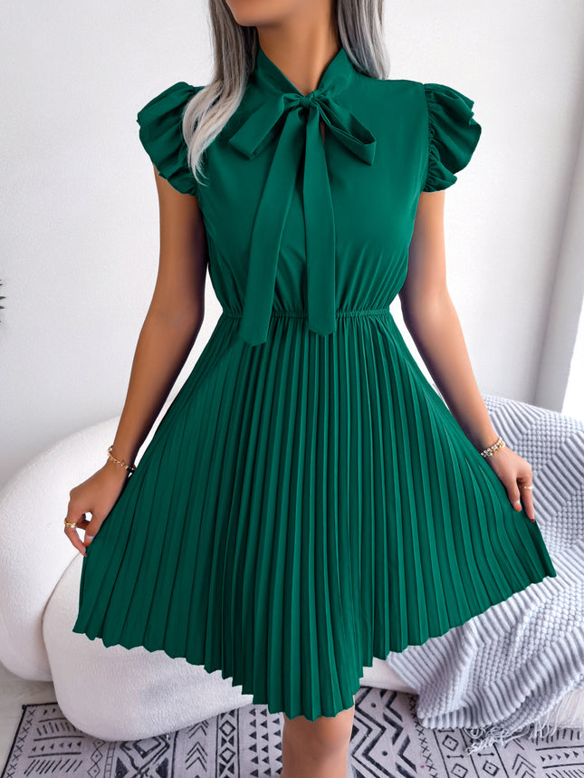 Women's Summer Casual Chiffon Dress Wrap Bow V-neck Short Sleeve Tie Waist Large Hem Pleated Dress Solid Color A-line Swing Short Sundresses