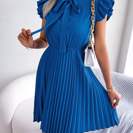 Women's Summer Casual Chiffon Dress Wrap Bow V-neck Short Sleeve Tie Waist Large Hem Pleated Dress Solid Color A-line Swing Short Sundresses