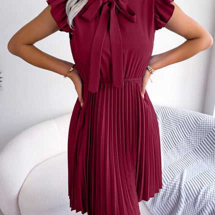 Women's Summer Casual Chiffon Dress Wrap Bow V-neck Short Sleeve Tie Waist Large Hem Pleated Dress Solid Color A-line Swing Short Sundresses