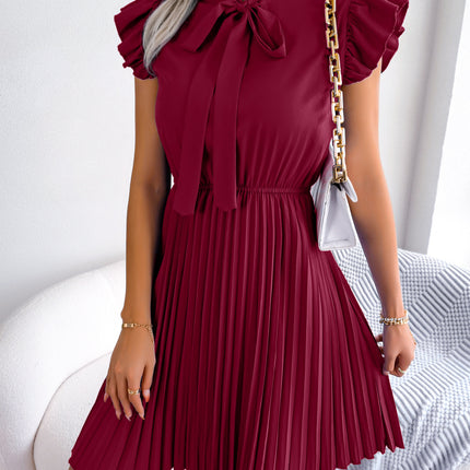 Women's Summer Casual Chiffon Dress Wrap Bow V-neck Short Sleeve Tie Waist Large Hem Pleated Dress Solid Color A-line Swing Short Sundresses