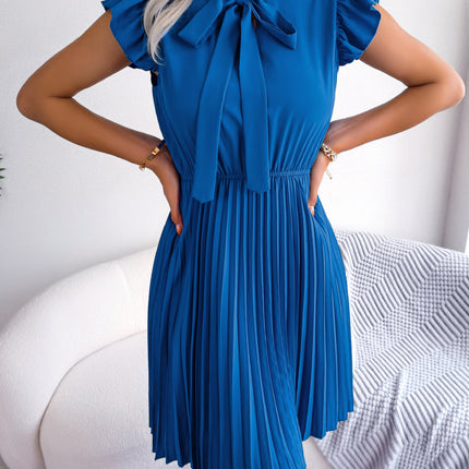 Women's Summer Casual Chiffon Dress Wrap Bow V-neck Short Sleeve Tie Waist Large Hem Pleated Dress Solid Color A-line Swing Short Sundresses