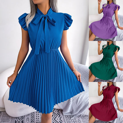 Women's Summer Casual Chiffon Dress Wrap Bow V-neck Short Sleeve Tie Waist Large Hem Pleated Dress Solid Color A-line Swing Short Sundresses