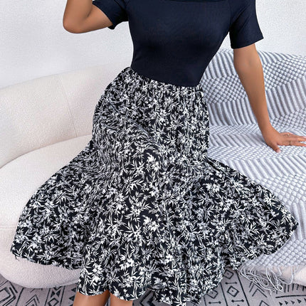 Women's Floral Strapless A-line Midi Dress with Ruffle Hem, Strapless Short Sleeve Summer Swing Dresses