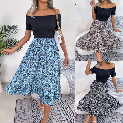 Women's Floral Strapless A-line Midi Dress with Ruffle Hem, Strapless Short Sleeve Summer Swing Dresses