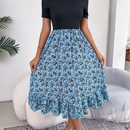 Women's Floral Strapless A-line Midi Dress with Ruffle Hem, Strapless Short Sleeve Summer Swing Dresses