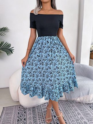 Women's Floral Strapless A-line Midi Dress with Ruffle Hem, Strapless Short Sleeve Summer Swing Dresses