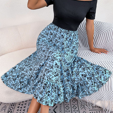 Women's Floral Strapless A-line Midi Dress with Ruffle Hem, Strapless Short Sleeve Summer Swing Dresses