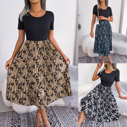 Women's Casual Leaf Printed Wrap Dress High Waist Pleated Midi Dress Round Neck Tunic Pleated Midi Dress