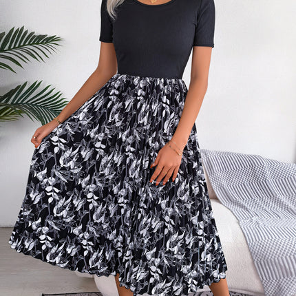 Women's Casual Leaf Printed Wrap Dress High Waist Pleated Midi Dress Round Neck Tunic Pleated Midi Dress