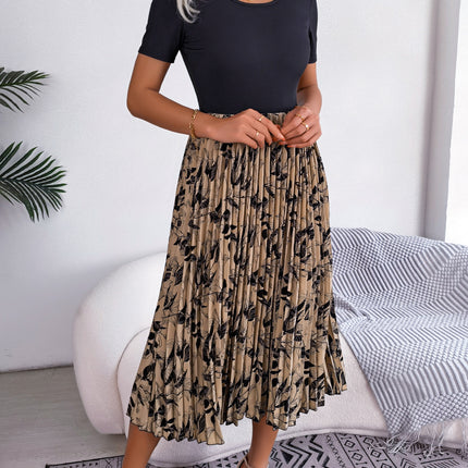 Women's Casual Leaf Printed Wrap Dress High Waist Pleated Midi Dress Round Neck Tunic Pleated Midi Dress