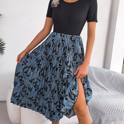 Women's Casual Leaf Printed Wrap Dress High Waist Pleated Midi Dress Round Neck Tunic Pleated Midi Dress