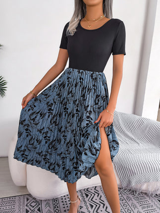 Women's Casual Leaf Printed Wrap Dress High Waist Pleated Midi Dress Round Neck Tunic Pleated Midi Dress