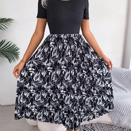 Women's Casual Leaf Printed Wrap Dress High Waist Pleated Midi Dress Round Neck Tunic Pleated Midi Dress