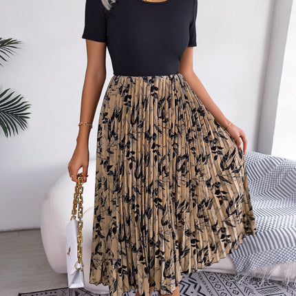 Women's Casual Leaf Printed Wrap Dress High Waist Pleated Midi Dress Round Neck Tunic Pleated Midi Dress