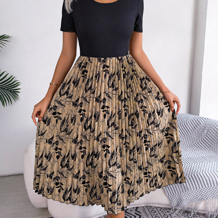 Women's Casual Leaf Printed Wrap Dress High Waist Pleated Midi Dress Round Neck Tunic Pleated Midi Dress