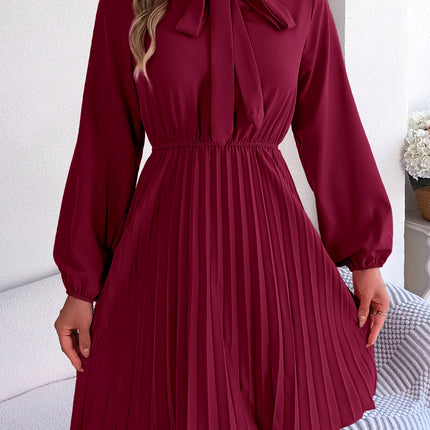 Fashion Women's Solid Color Bow V-Neck Long Sleeve Dress Pleated Elastic Waist Dress Casual Women's Big Hem Dresses