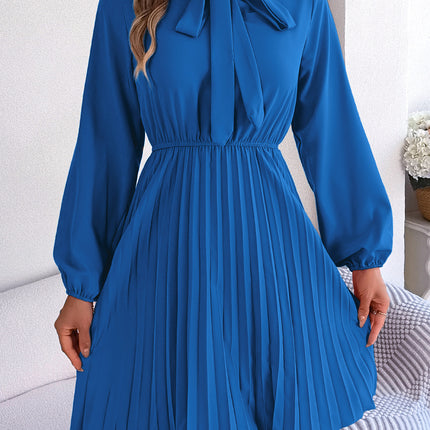 Fashion Women's Solid Color Bow V-Neck Long Sleeve Dress Pleated Elastic Waist Dress Casual Women's Big Hem Dresses