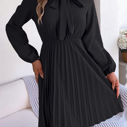 Fashion Women's Solid Color Bow V-Neck Long Sleeve Dress Pleated Elastic Waist Dress Casual Women's Big Hem Dresses