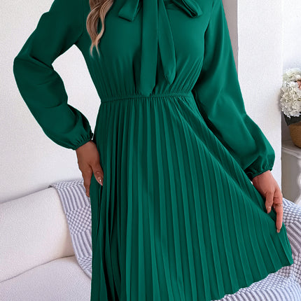 Fashion Women's Solid Color Bow V-Neck Long Sleeve Dress Pleated Elastic Waist Dress Casual Women's Big Hem Dresses