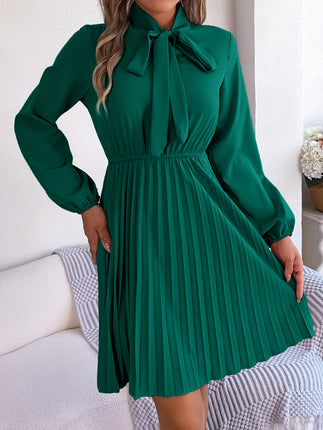 Fashion Women's Solid Color Bow V-Neck Long Sleeve Dress Pleated Elastic Waist Dress Casual Women's Big Hem Dresses