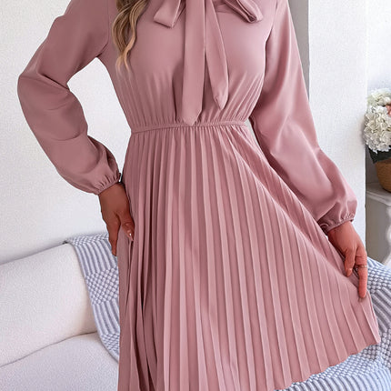 Fashion Women's Solid Color Bow V-Neck Long Sleeve Dress Pleated Elastic Waist Dress Casual Women's Big Hem Dresses