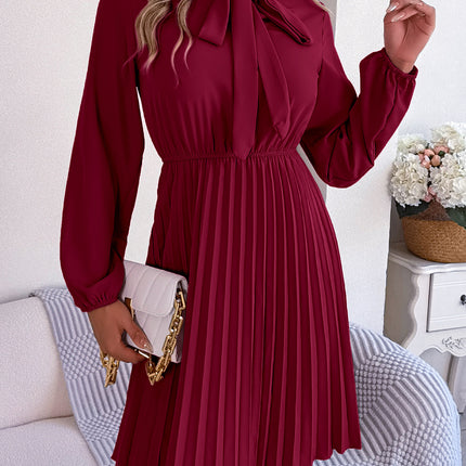 Fashion Women's Solid Color Bow V-Neck Long Sleeve Dress Pleated Elastic Waist Dress Casual Women's Big Hem Dresses