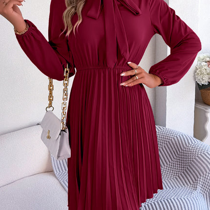 Fashion Women's Solid Color Bow V-Neck Long Sleeve Dress Pleated Elastic Waist Dress Casual Women's Big Hem Dresses