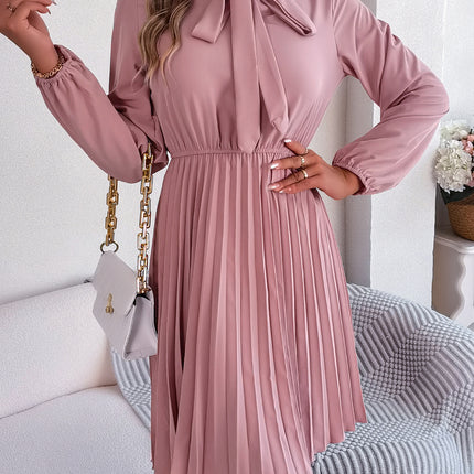 Fashion Women's Solid Color Bow V-Neck Long Sleeve Dress Pleated Elastic Waist Dress Casual Women's Big Hem Dresses