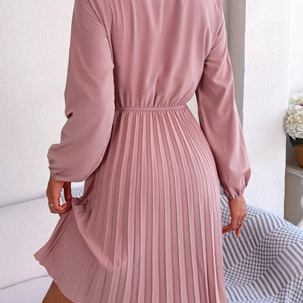 Fashion Women's Solid Color Bow V-Neck Long Sleeve Dress Pleated Elastic Waist Dress Casual Women's Big Hem Dresses